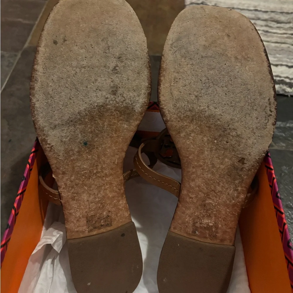 Tory Burch Tan Miller Thong Sandals with Gold Logo